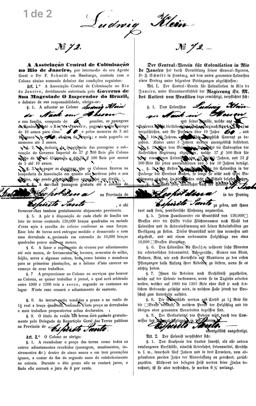 Contrato Nº 72, Hamburgo, 1859, página 1
