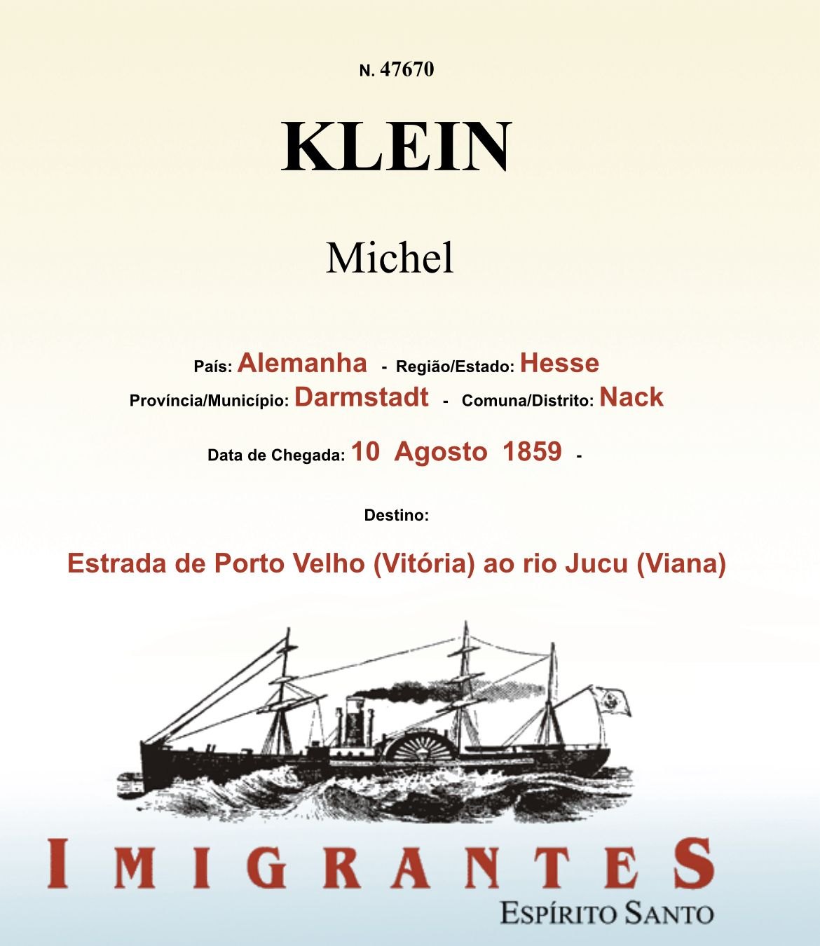 Michel Klein, ficha de imigrante Nº 47670