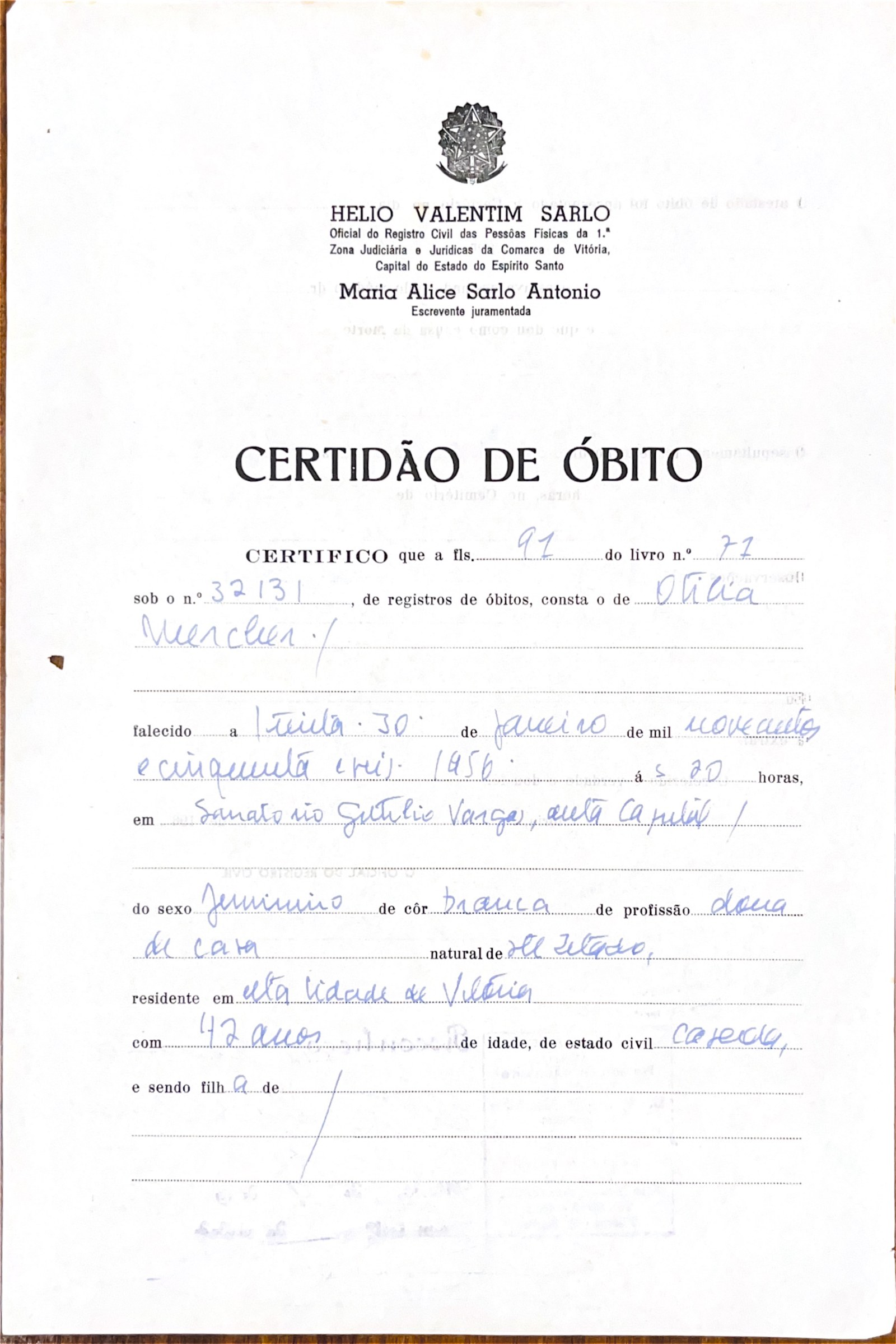 Certidão de óbito de Othilia Catharina, 30 de janeiro de 1956