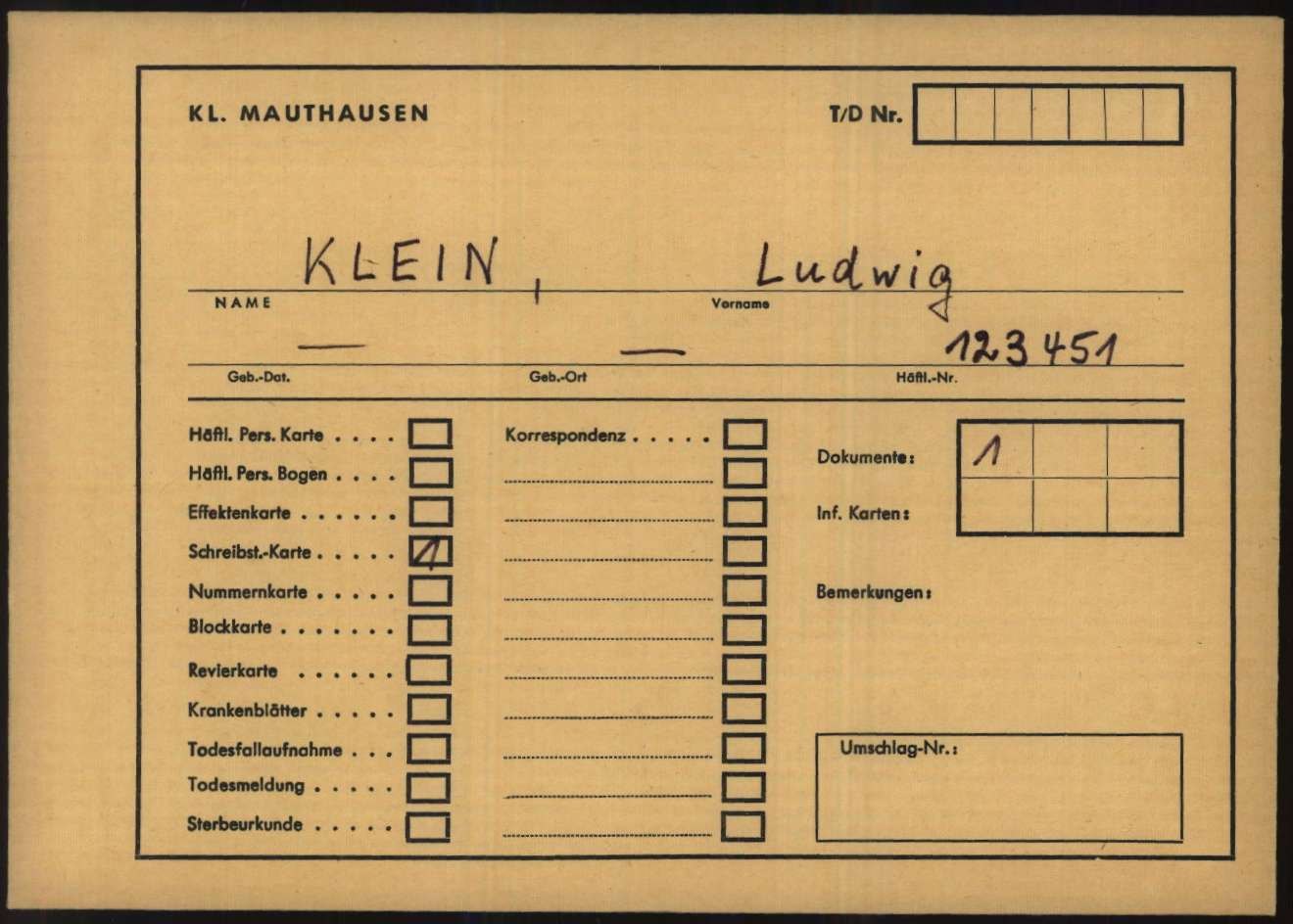 KL Mauthausen, envelope do dossiê de Ludwig Klein