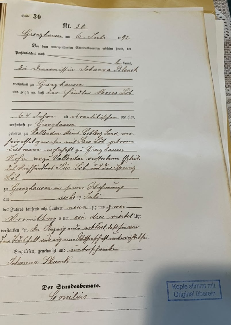 Certidão de óbito de Moses Löb, Grenzhausen, 6 de julho de 1892
