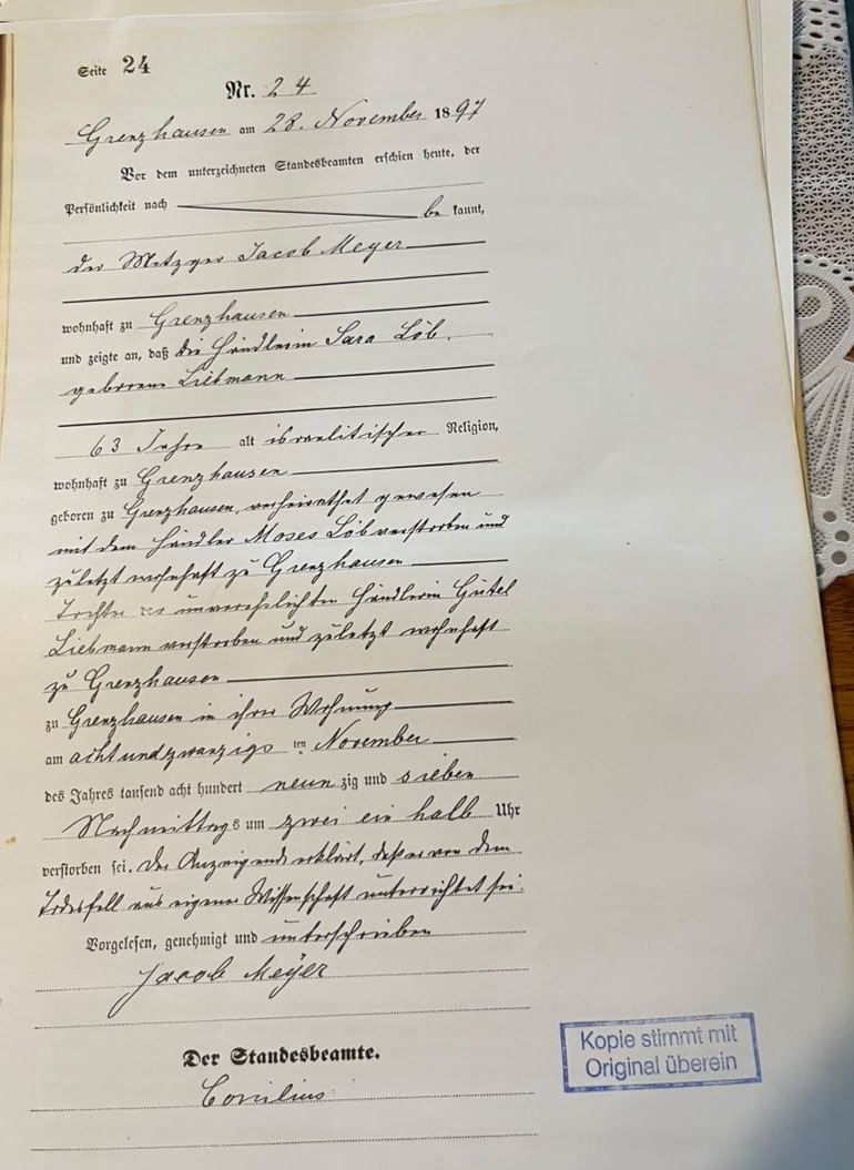 Certidão de óbito de Sara Löb, nascida Liebmann, Grenzhausen, 28 de novembro de 1897