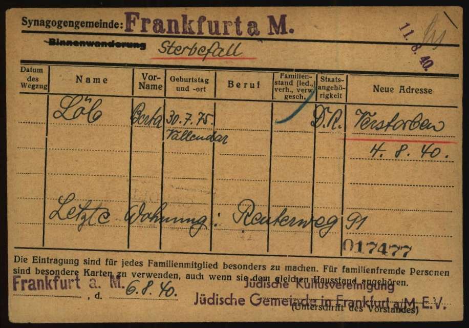 Berta Löb, cartão da comunidade judaica de Frankfurt