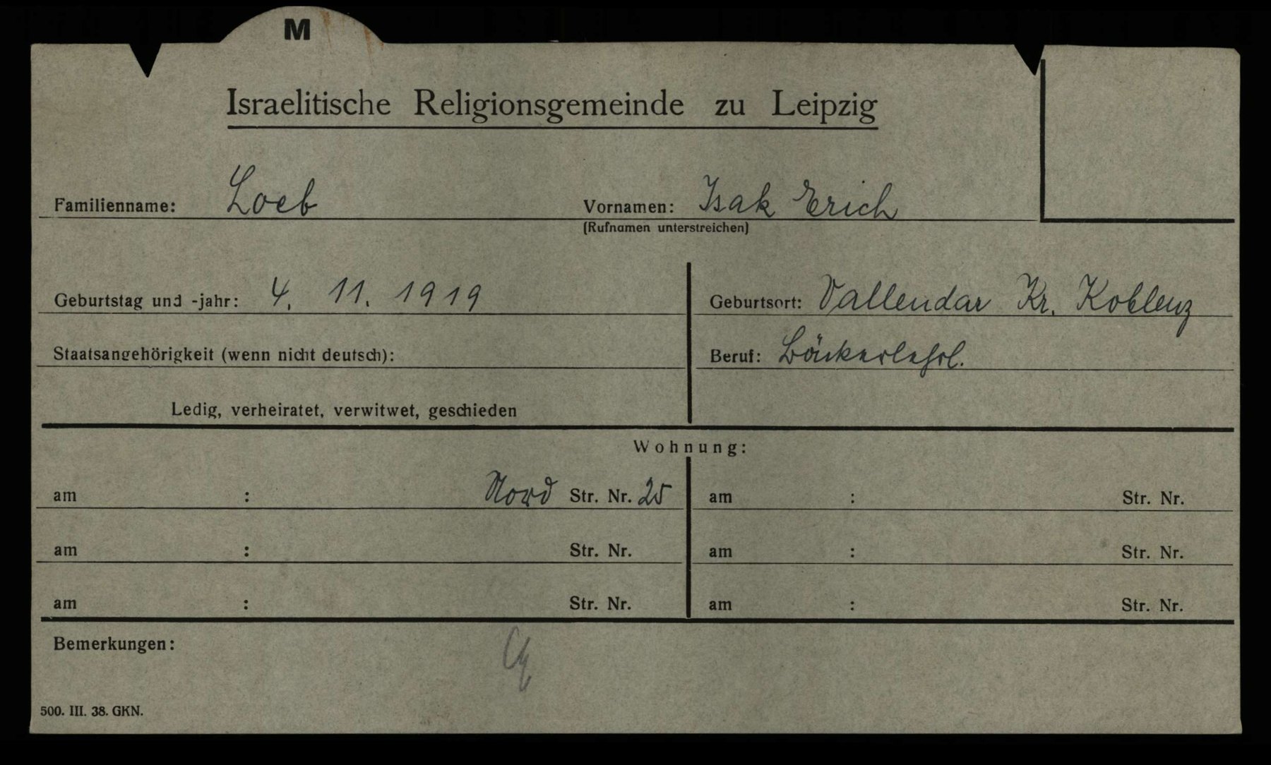 Isak Erich Loeb, ficha da comunidade judaica de Leipzig