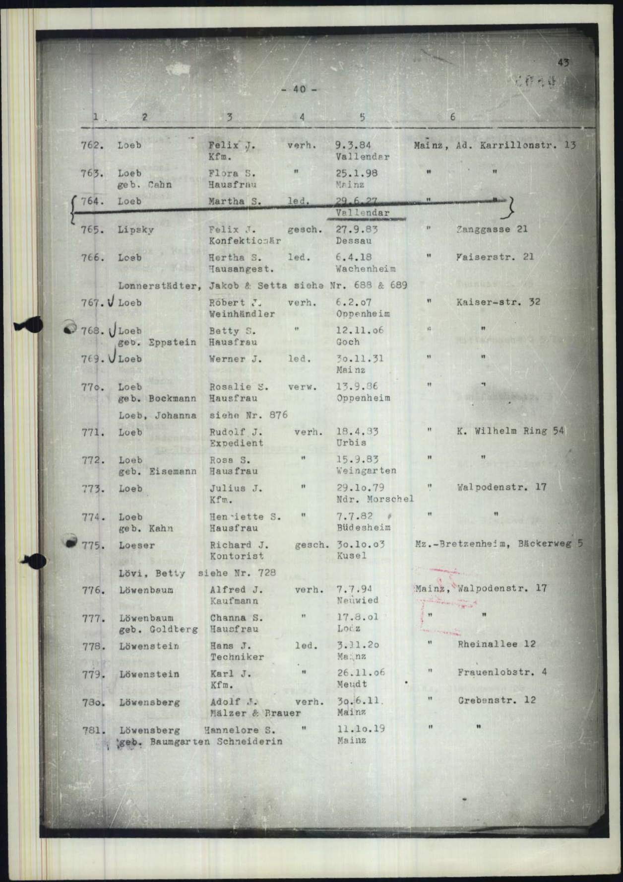 Lista de deportação Mainz → Piaski, março de 1942