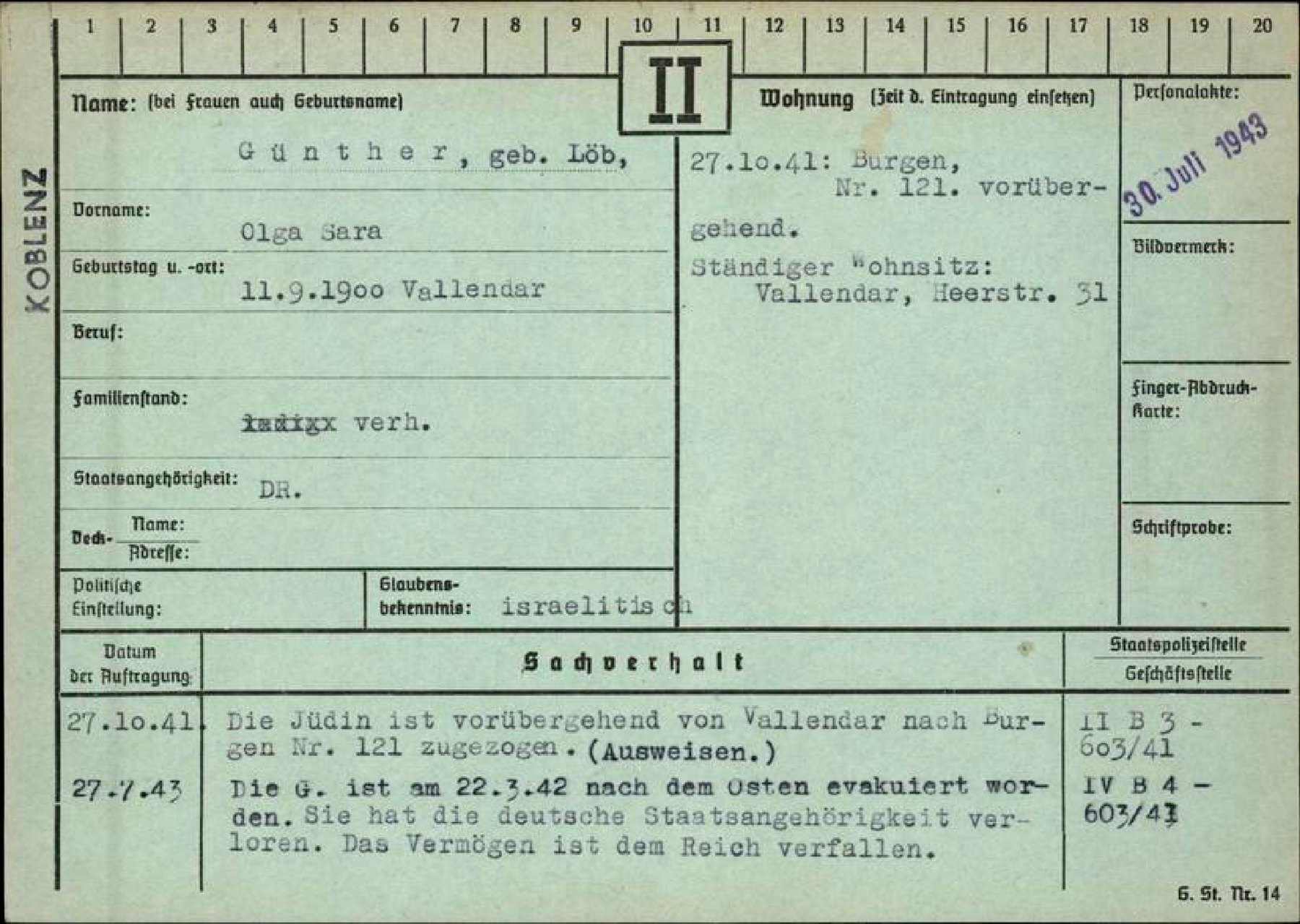 Olga Günther, nascida Löb, ficha da Gestapo de Koblenz