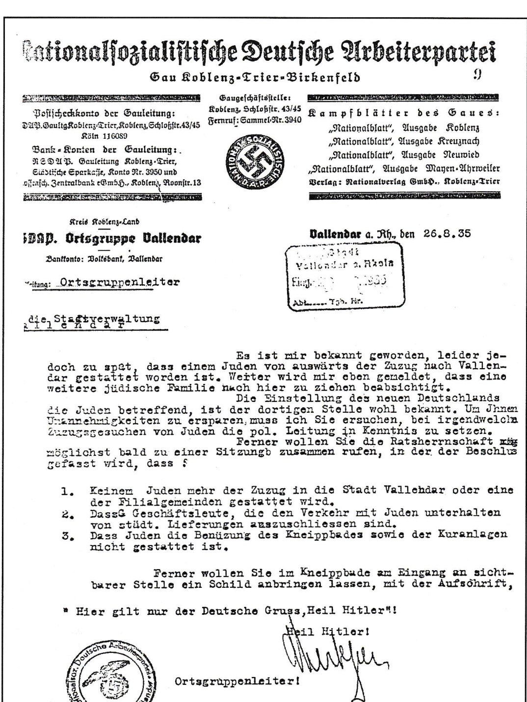 Ordem do partido nazista à prefeitura de Vallendar, 26 de agosto de 1935